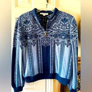 St. John Knits alpaca blend chic pattern zip cardigan, L